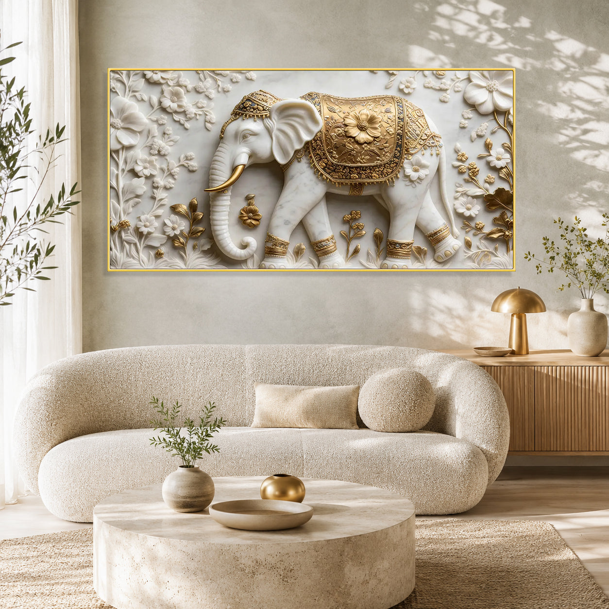 White Marble Royal Elephant 3D Carved Wall Relief Hanging Canvas Art Print
