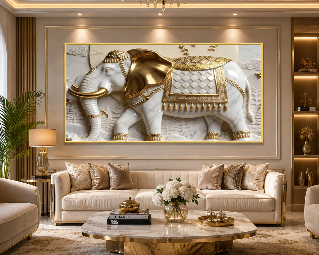Luxury 3D Elephant Wall Painting – White & Gold Royal Elephant Artwork for Living Room