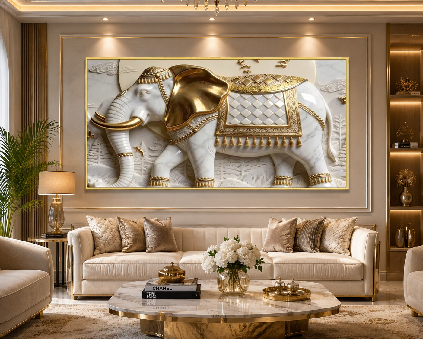 Luxury 3D Elephant Wall Painting – White & Gold Royal Elephant Artwork for Living Room