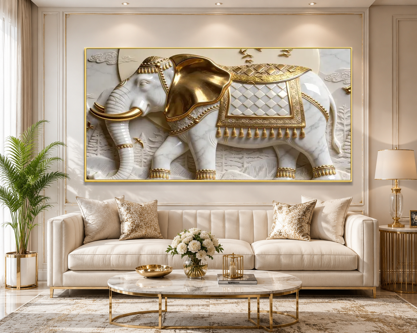 Luxury 3D Elephant Wall Painting – White & Gold Royal Elephant Artwork for Living Room
