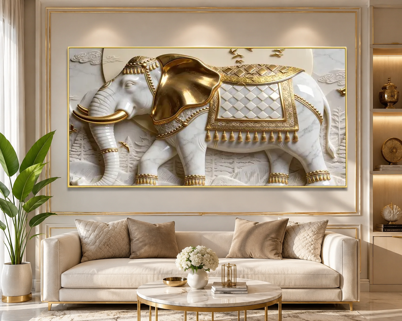 Luxury 3D Elephant Wall Painting – White & Gold Royal Elephant Artwork for Living Room