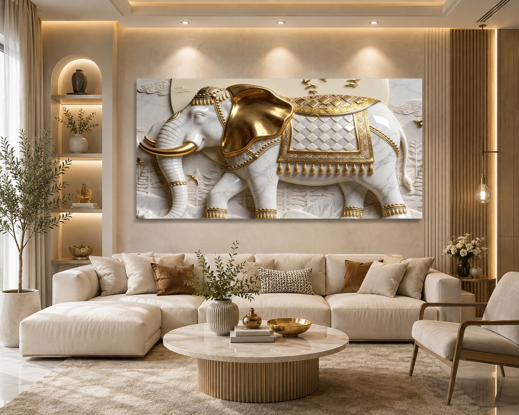 Luxury 3D Elephant Wall Painting – White & Gold Royal Elephant Artwork for Living Room