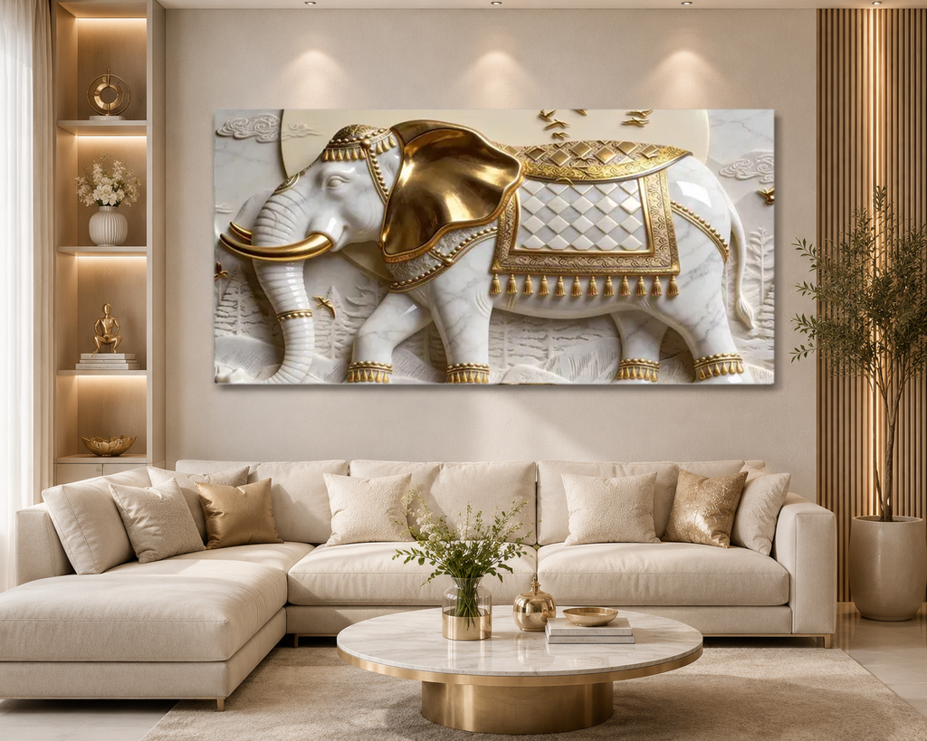 Luxury 3D Elephant Wall Painting – White & Gold Royal Elephant Artwork for Living Room