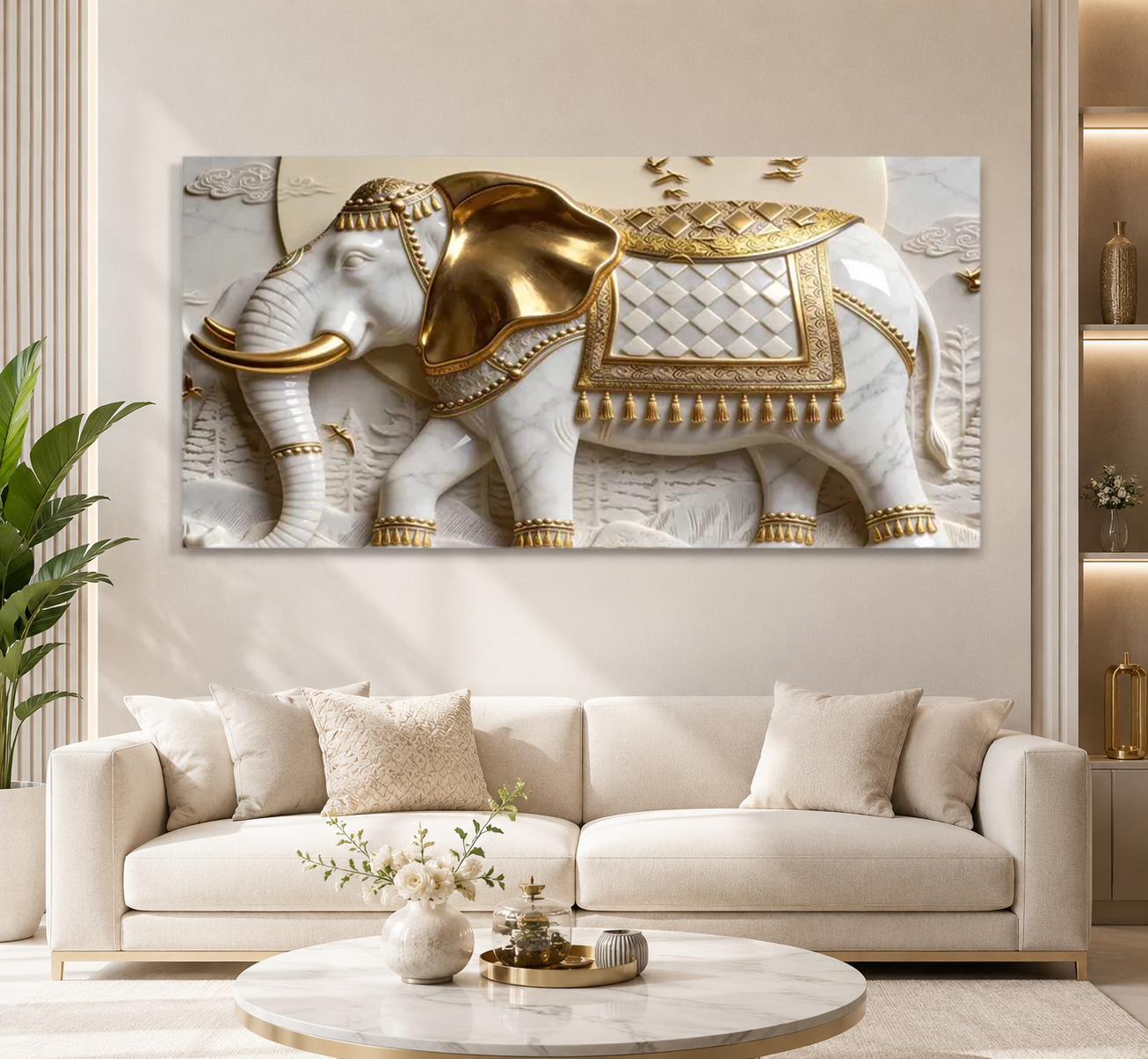 Luxury 3D Elephant Wall Painting – White & Gold Royal Elephant Artwork for Living Room