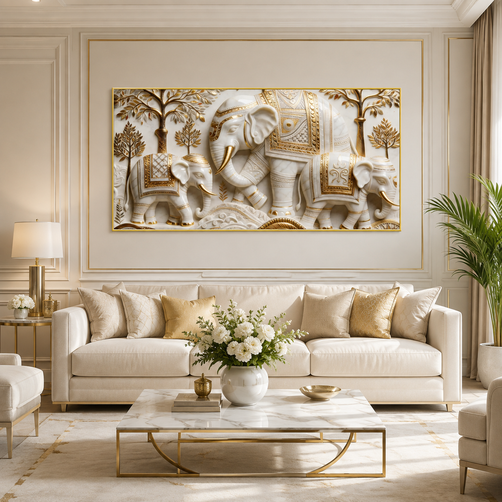 Traditional Royal Elephant Family 3D Canvas Decor - Vastu & Feng Shui Inspired Wall Painting