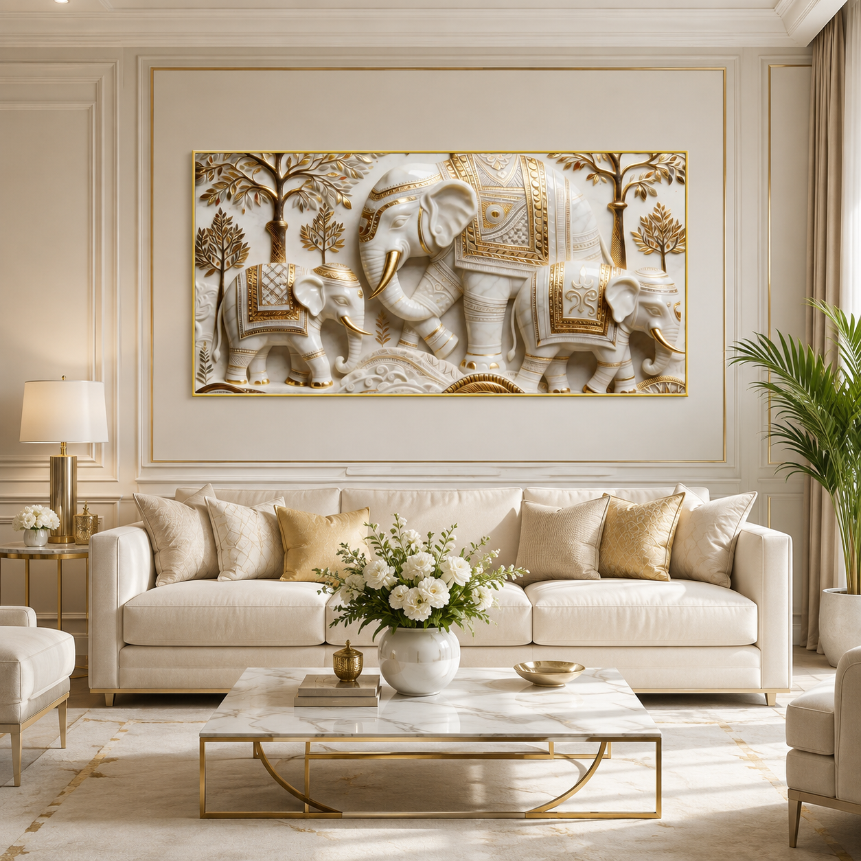 Traditional Royal Elephant Family 3D Canvas Decor - Vastu & Feng Shui Inspired Wall Painting