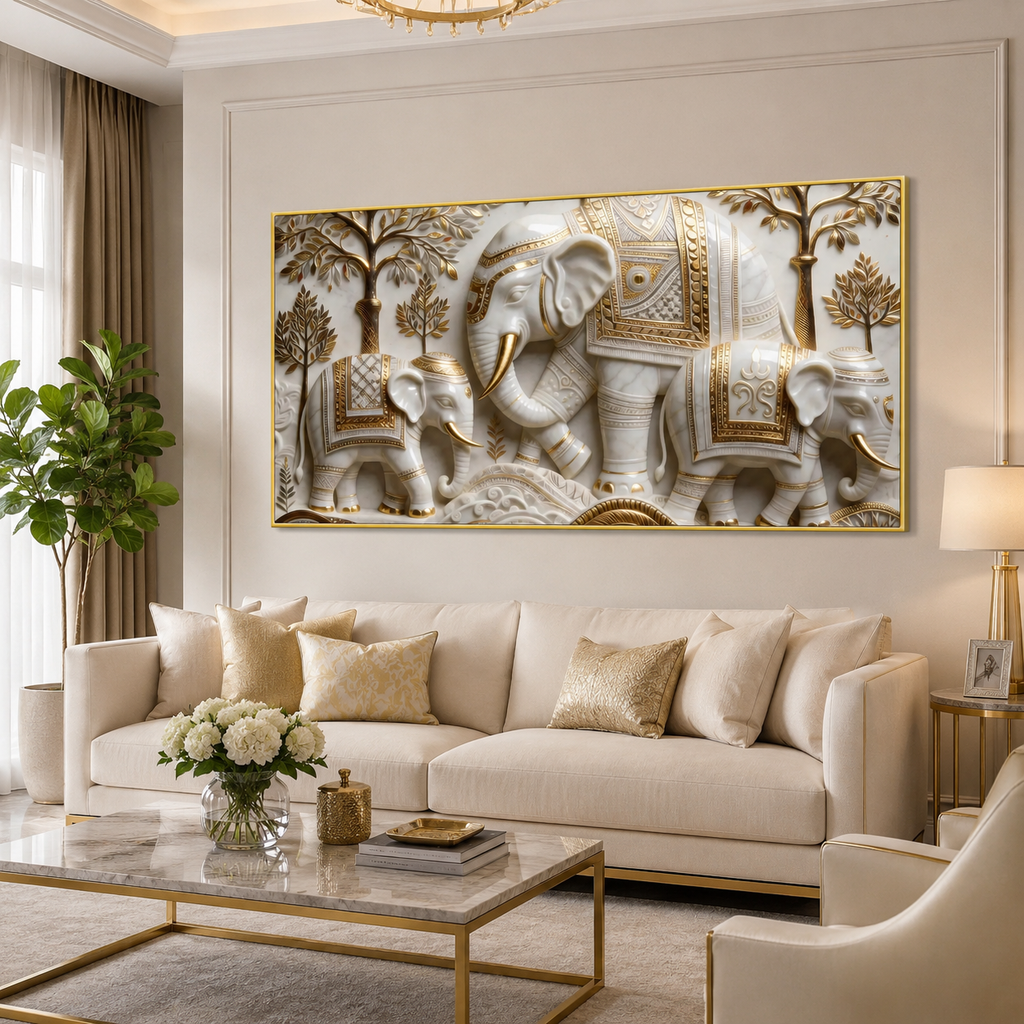 Traditional Royal Elephant Family 3D Canvas Decor - Vastu & Feng Shui Inspired Wall Painting