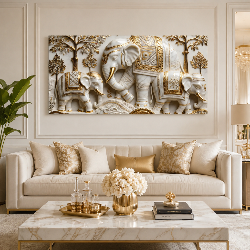 Traditional Royal Elephant Family 3D Canvas Decor - Vastu & Feng Shui Inspired Wall Painting