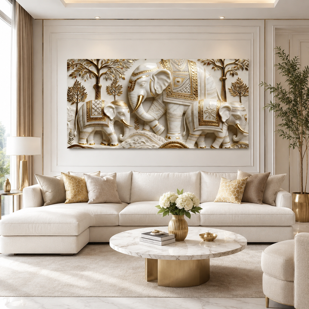 Traditional Royal Elephant Family 3D Canvas Decor - Vastu & Feng Shui Inspired Wall Painting