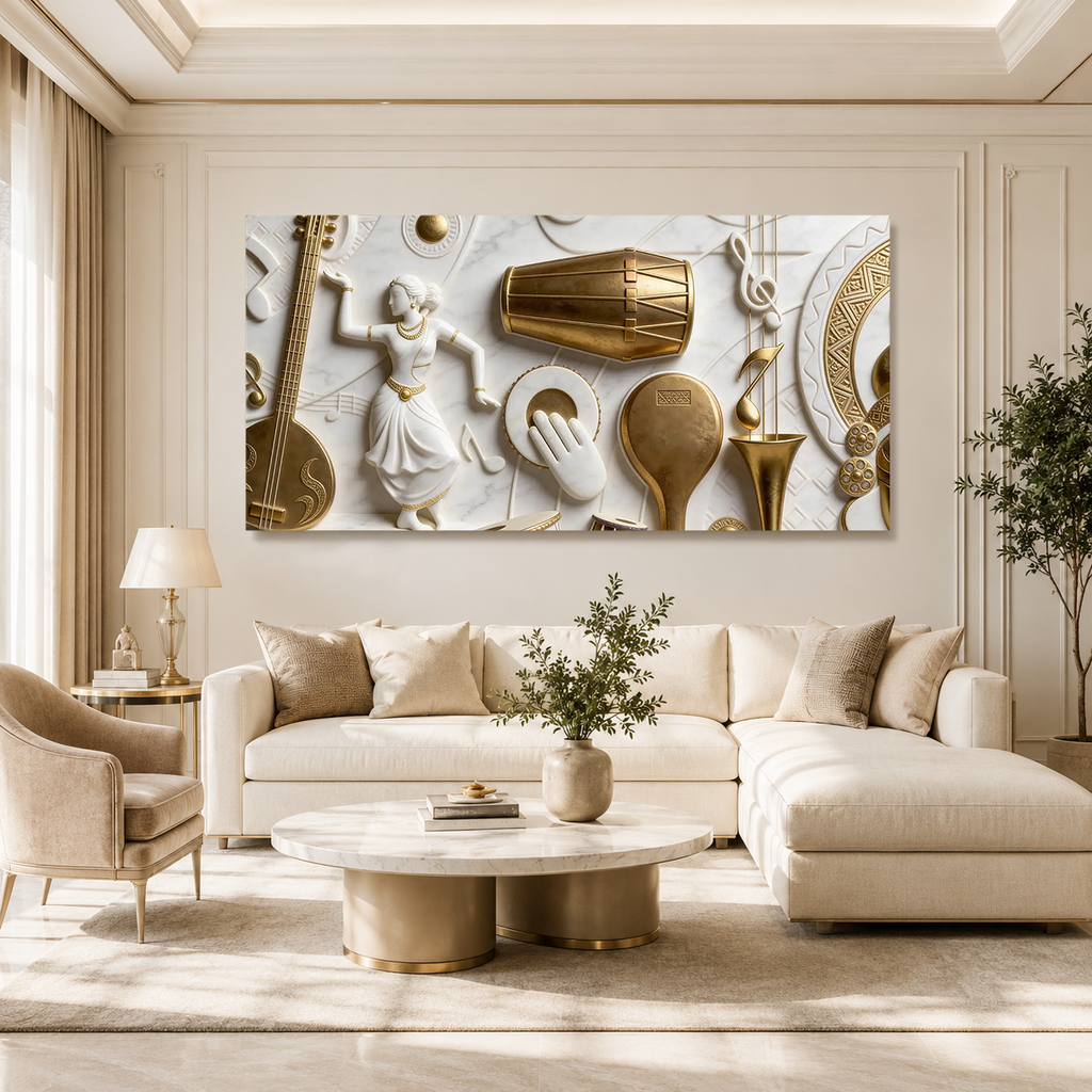 Designer 3D Music Wall Painting – Traditional Musical Instruments with Elegant Gold Details