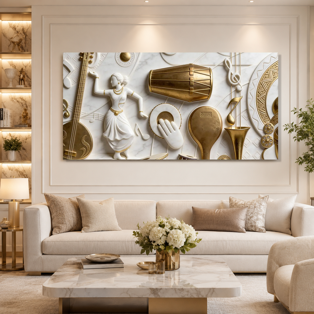 Designer 3D Music Wall Painting – Traditional Musical Instruments with Elegant Gold Details