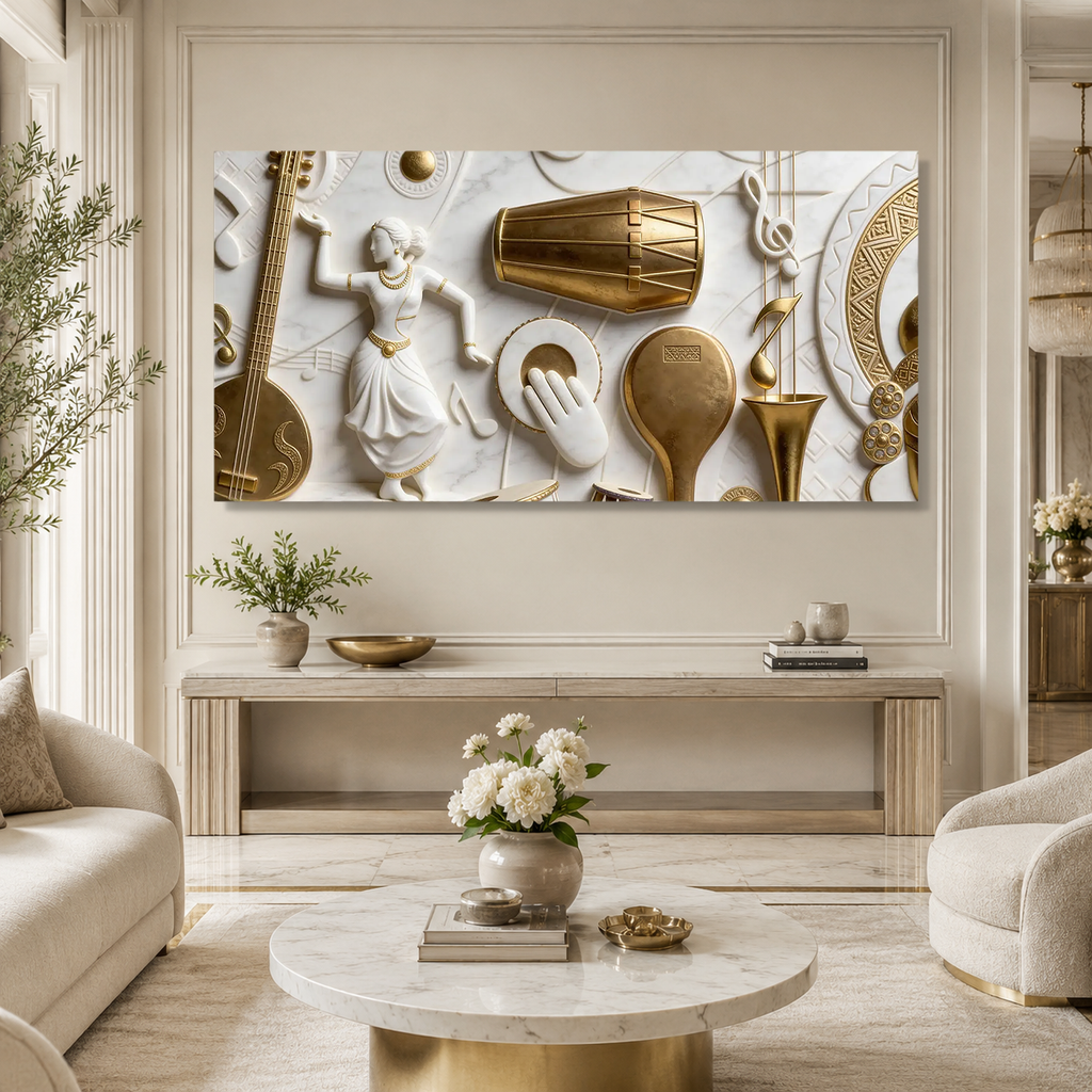 Designer 3D Music Wall Painting – Traditional Musical Instruments with Elegant Gold Details
