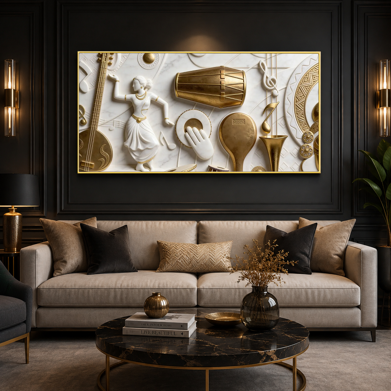 Designer 3D Music Wall Painting – Traditional Musical Instruments with Elegant Gold Details