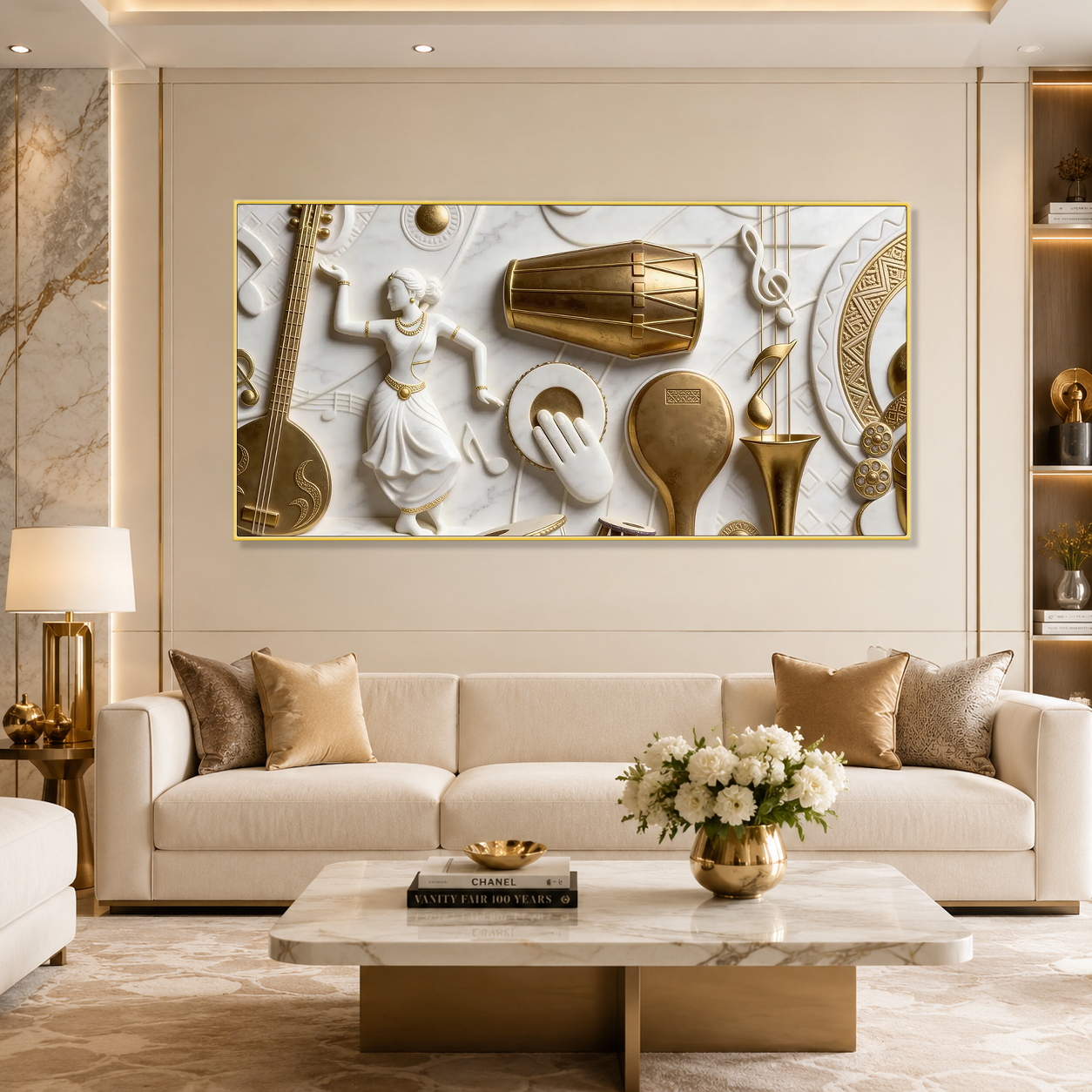 Designer 3D Music Wall Painting – Traditional Musical Instruments with Elegant Gold Details