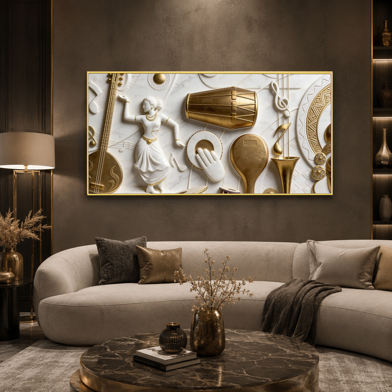Designer 3D Music Wall Painting – Traditional Musical Instruments with Elegant Gold Details