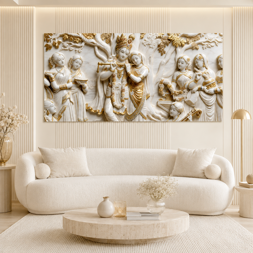 Lord Krishna Radha 3D Wall Art Painting with Traditional Indian Divine Artwork