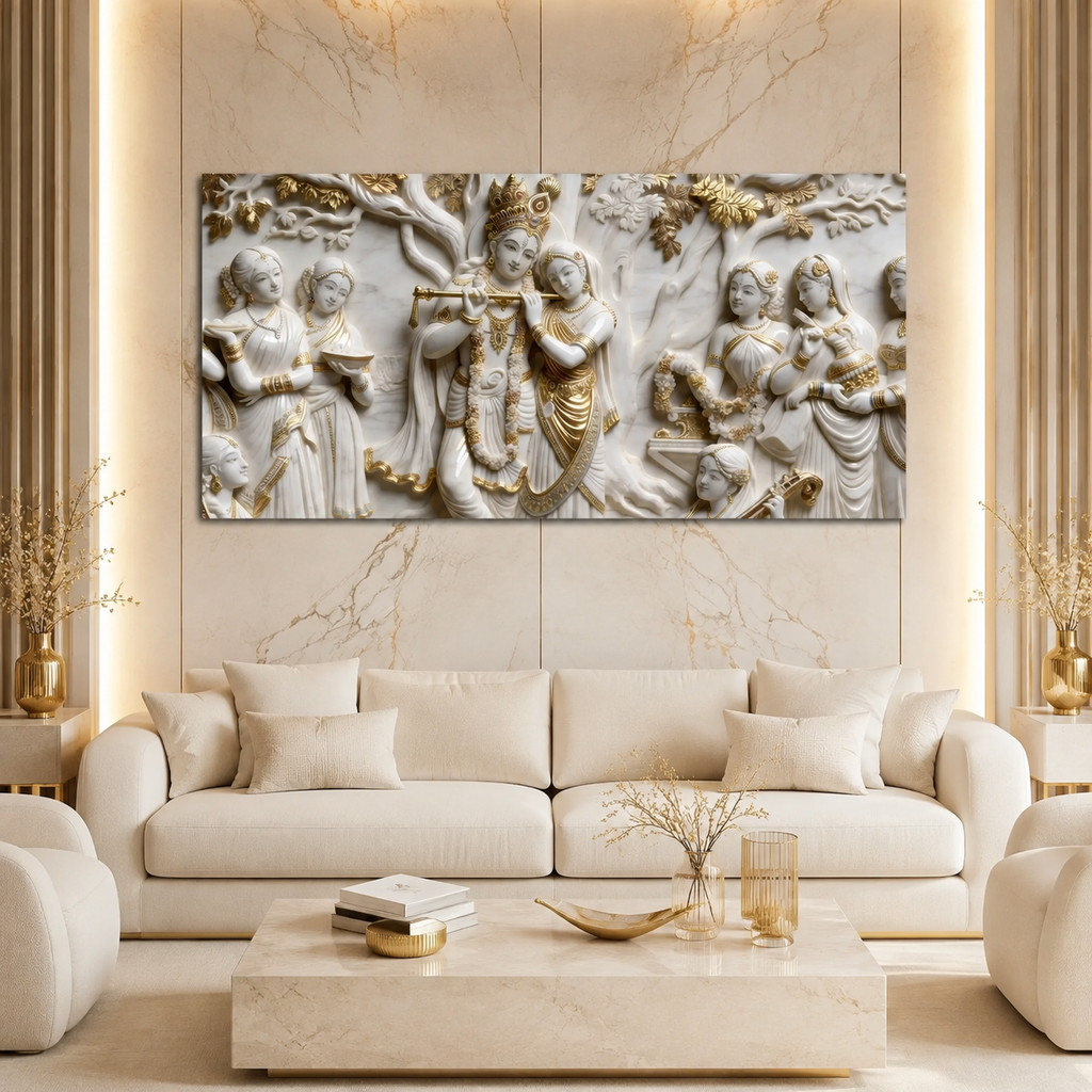 Lord Krishna Radha 3D Wall Art Painting with Traditional Indian Divine Artwork