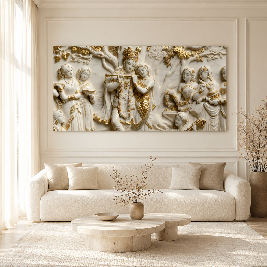 Lord Krishna Radha 3D Wall Art Painting with Traditional Indian Divine Artwork