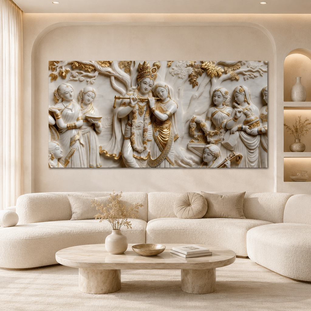 Lord Krishna Radha 3D Wall Art Painting with Traditional Indian Divine Artwork