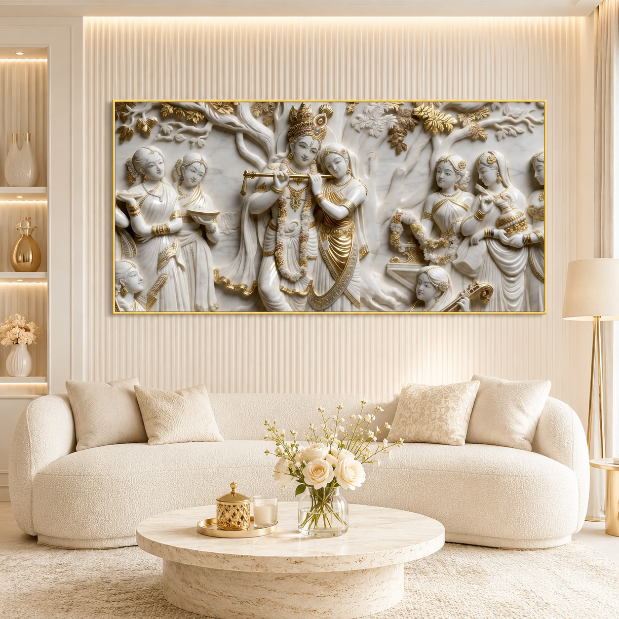 Lord Krishna Radha 3D Wall Art Painting with Traditional Indian Divine Artwork