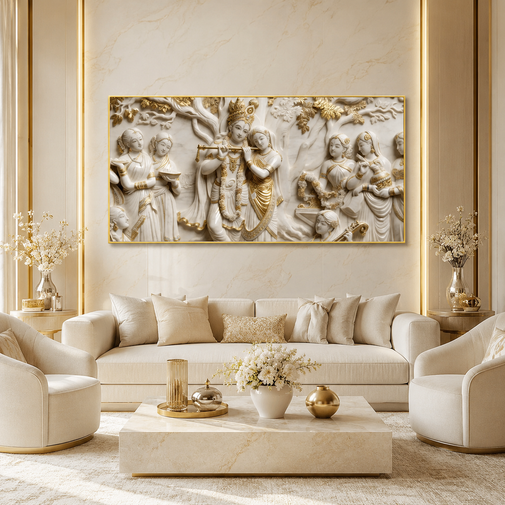 Lord Krishna Radha 3D Wall Art Painting with Traditional Indian Divine Artwork