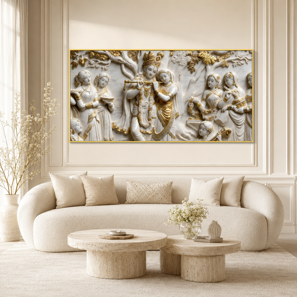 Lord Krishna Radha 3D Wall Art Painting with Traditional Indian Divine Artwork