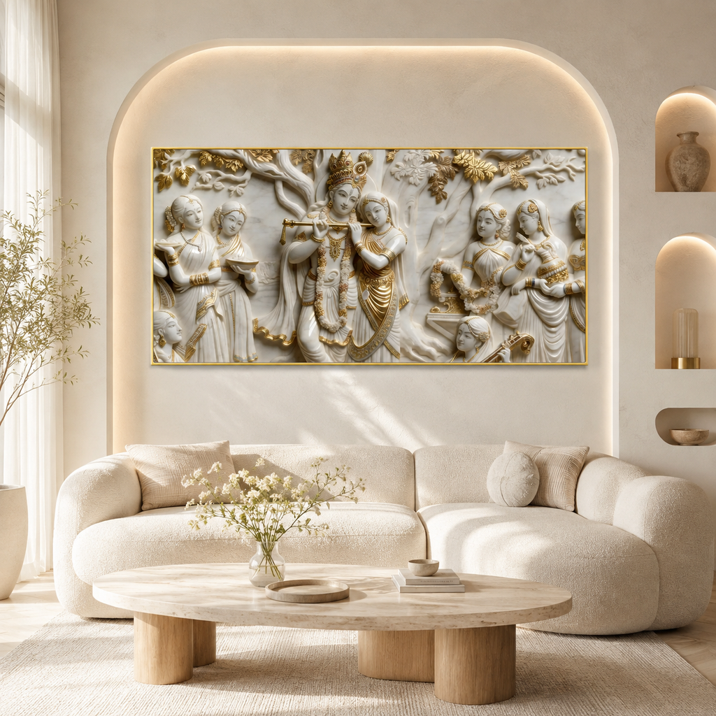 Lord Krishna Radha 3D Wall Art Painting with Traditional Indian Divine Artwork