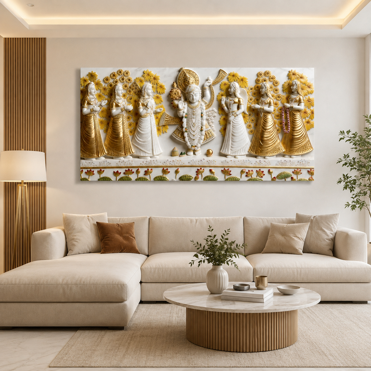 Luxurious 3D Relief Shrinathji Wall Painting - Premium Gold Accent Canvas Artwork for Home Temple