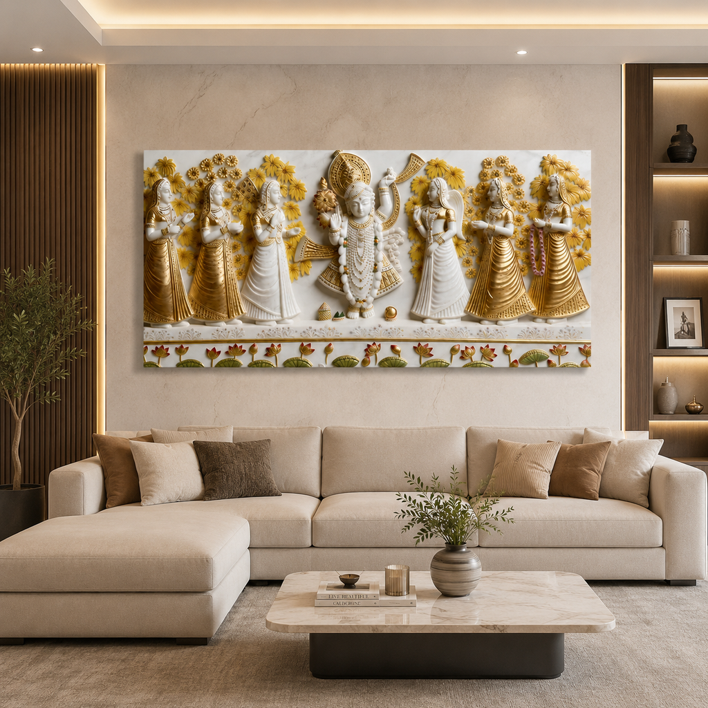 Luxurious 3D Relief Shrinathji Wall Painting - Premium Gold Accent Canvas Artwork for Home Temple