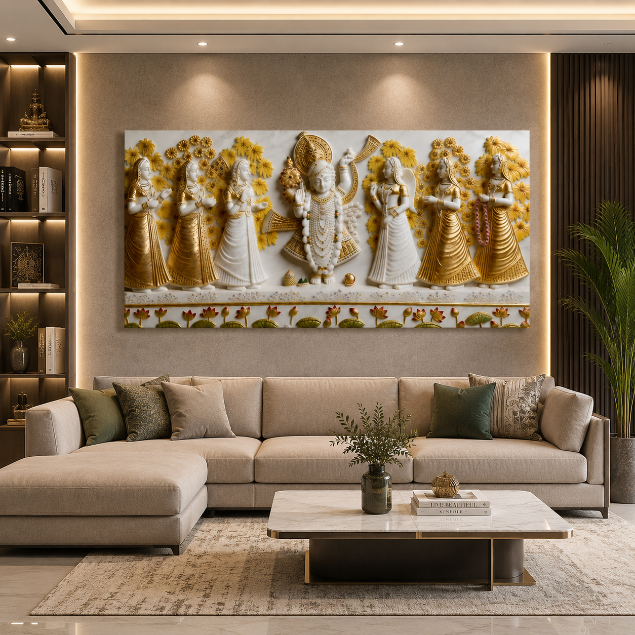 Luxurious 3D Relief Shrinathji Wall Painting - Premium Gold Accent Canvas Artwork for Home Temple