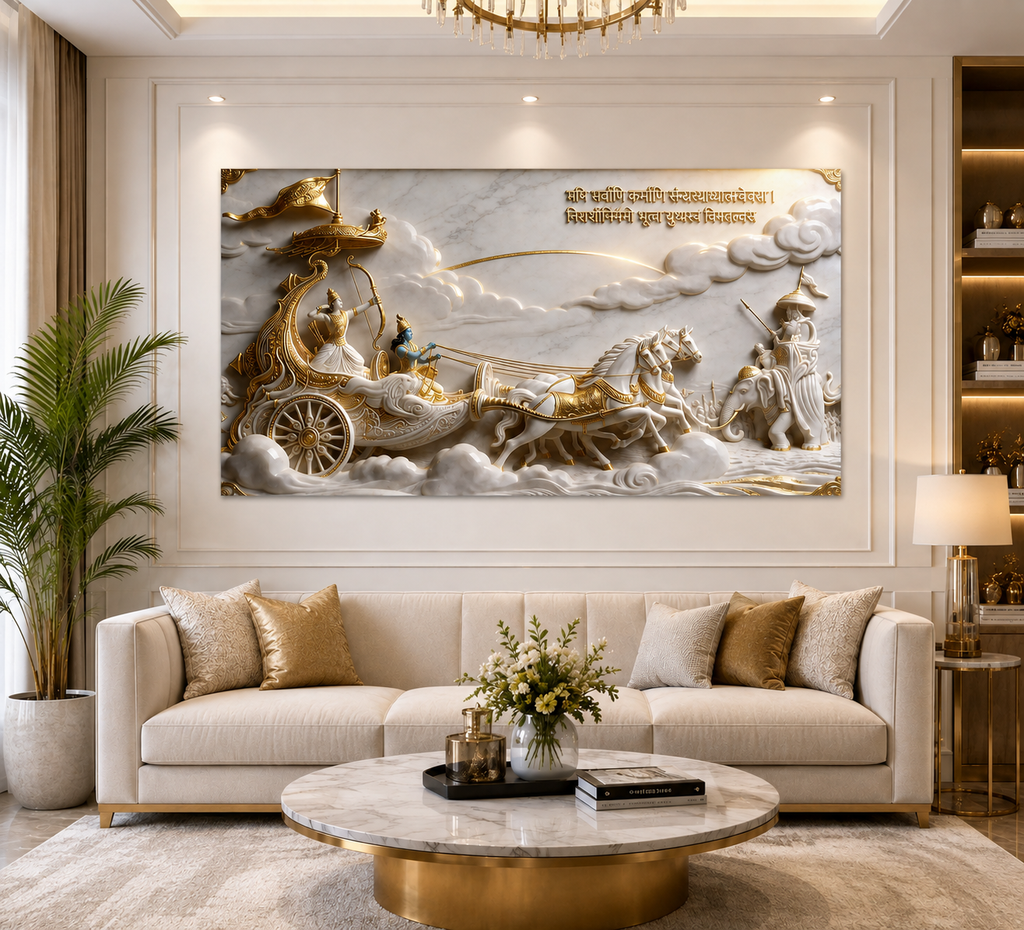 Bhagavad Gita 3D Wall Painting – Lord Krishna & Arjuna Divine Chariot Artwork for Home