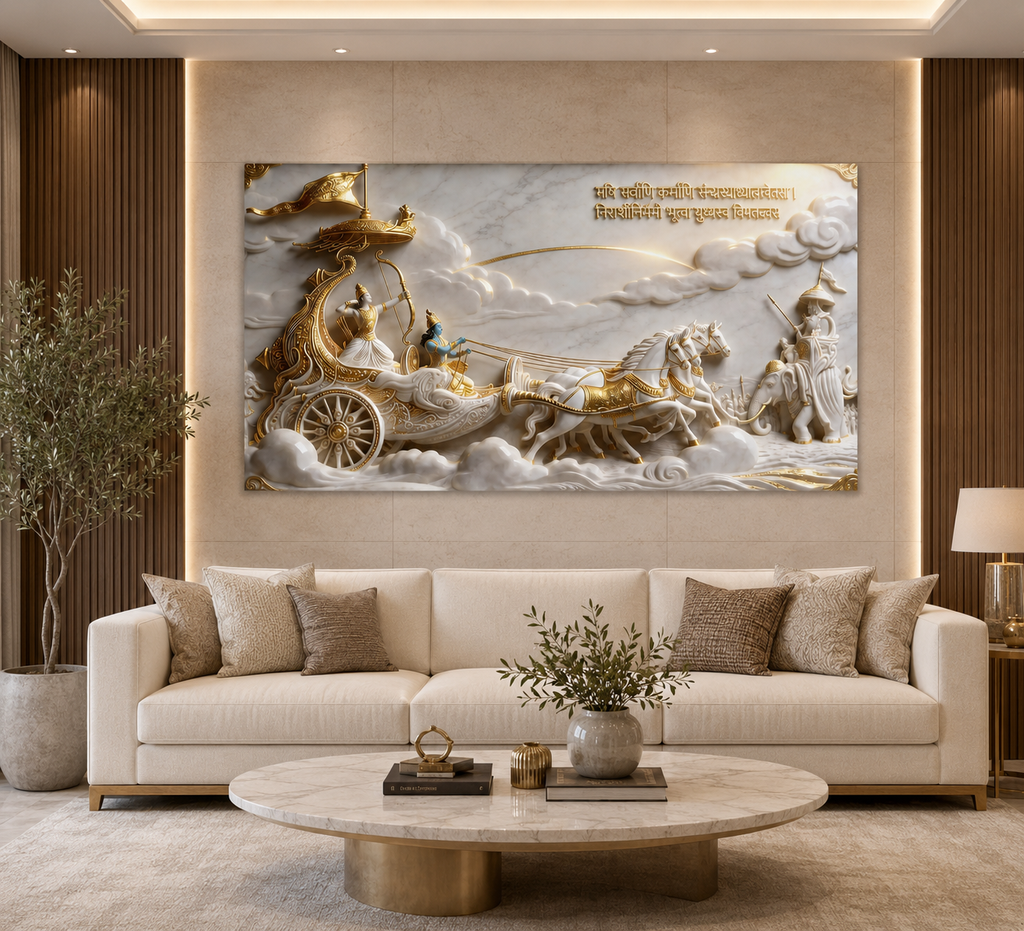 Bhagavad Gita 3D Wall Painting – Lord Krishna & Arjuna Divine Chariot Artwork for Home