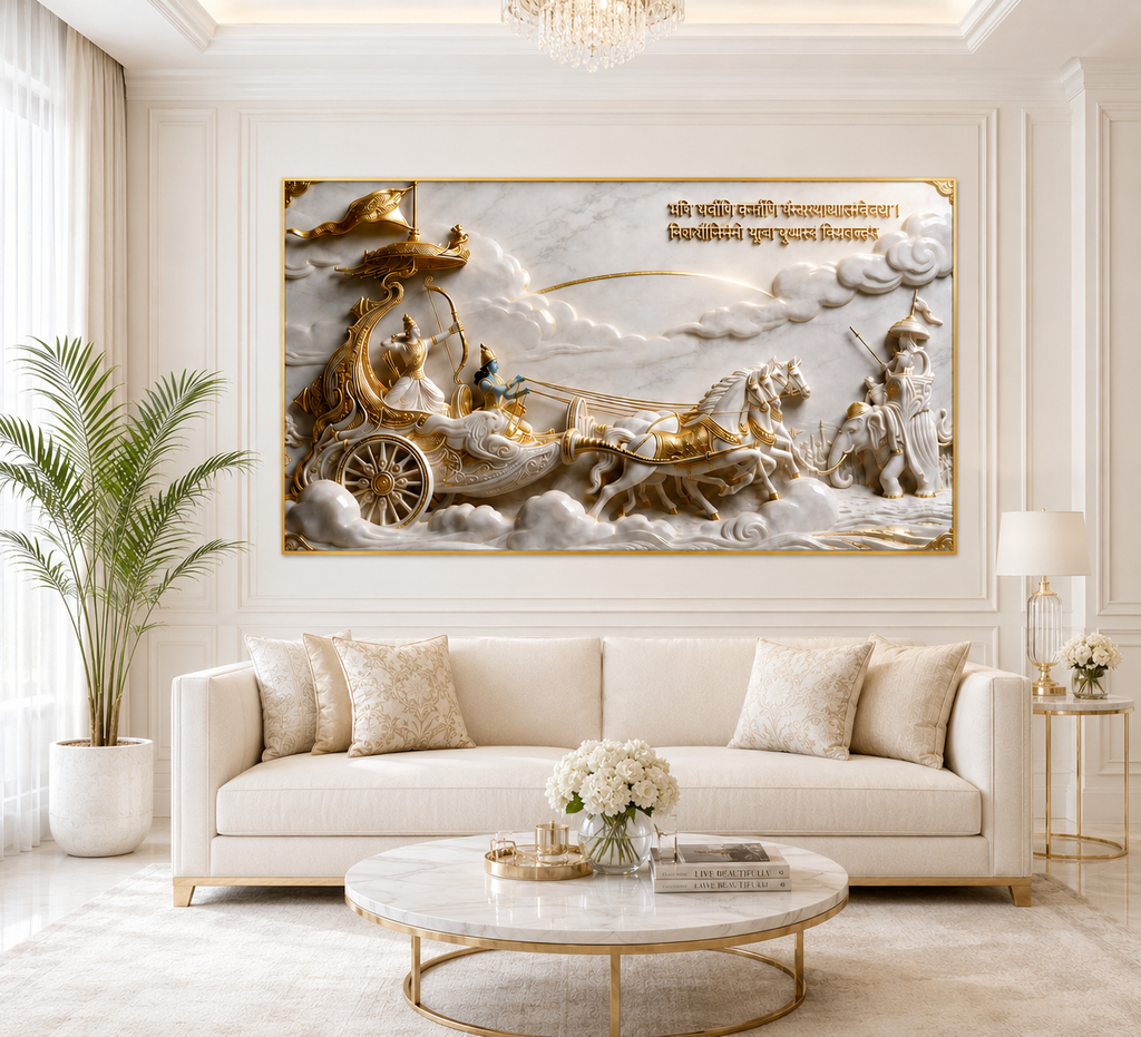 Bhagavad Gita 3D Wall Painting – Lord Krishna & Arjuna Divine Chariot Artwork for Home