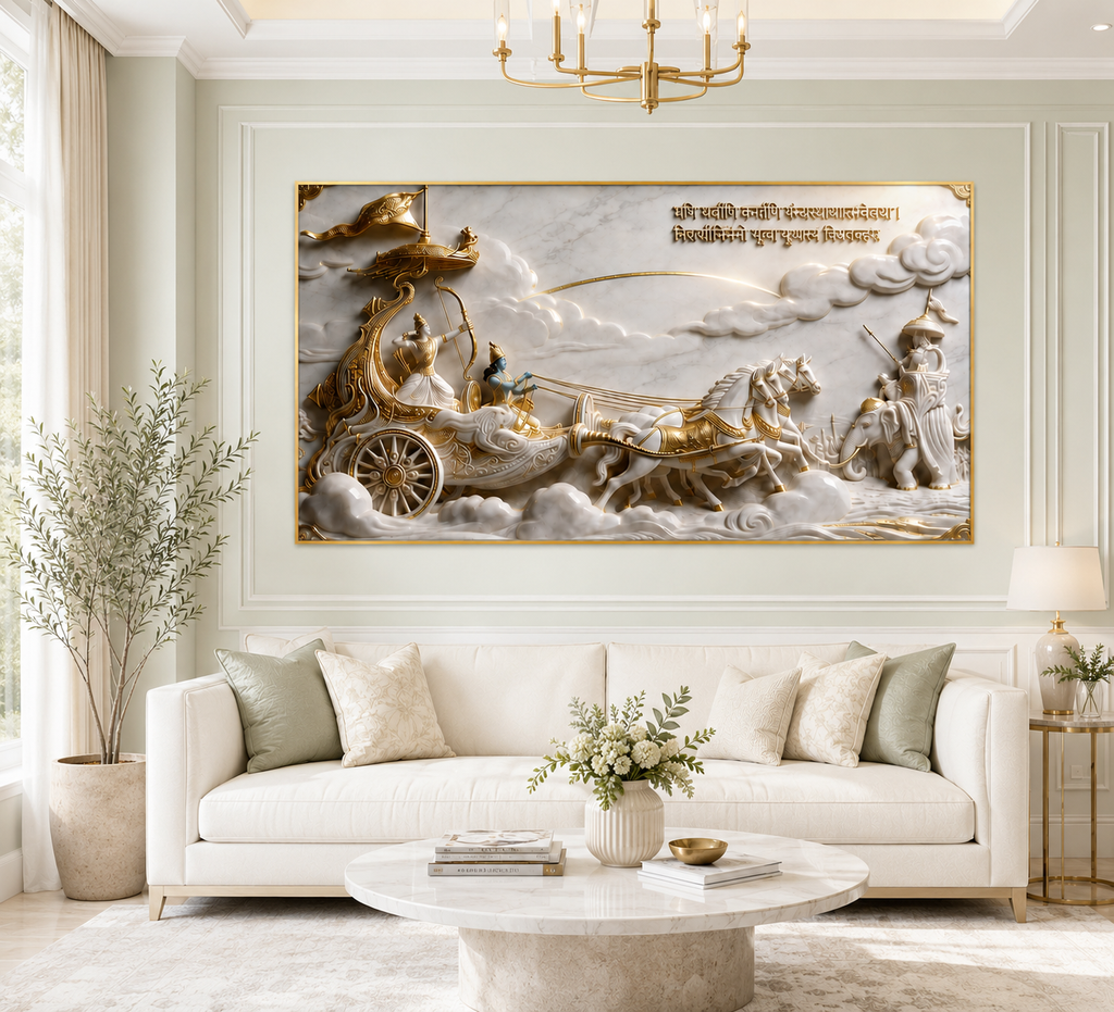 Bhagavad Gita 3D Wall Painting – Lord Krishna & Arjuna Divine Chariot Artwork for Home