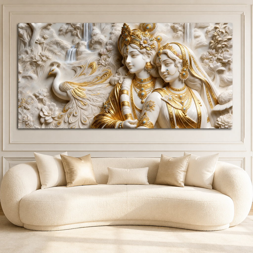 Radha Krishna 3D Wall Art Painting with Peacock and White Gold Finish for Living Room