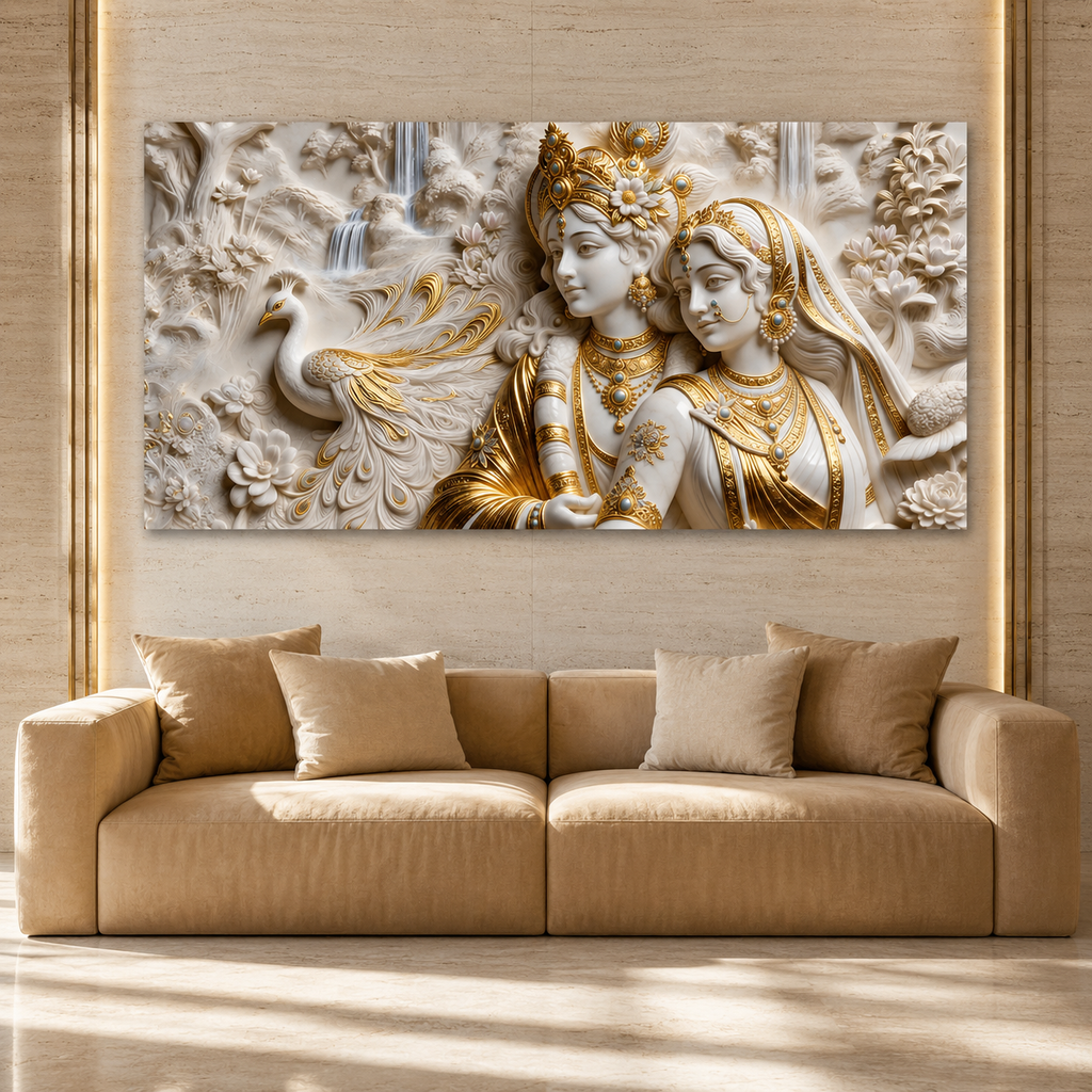 Radha Krishna 3D Wall Art Painting with Peacock and White Gold Finish for Living Room
