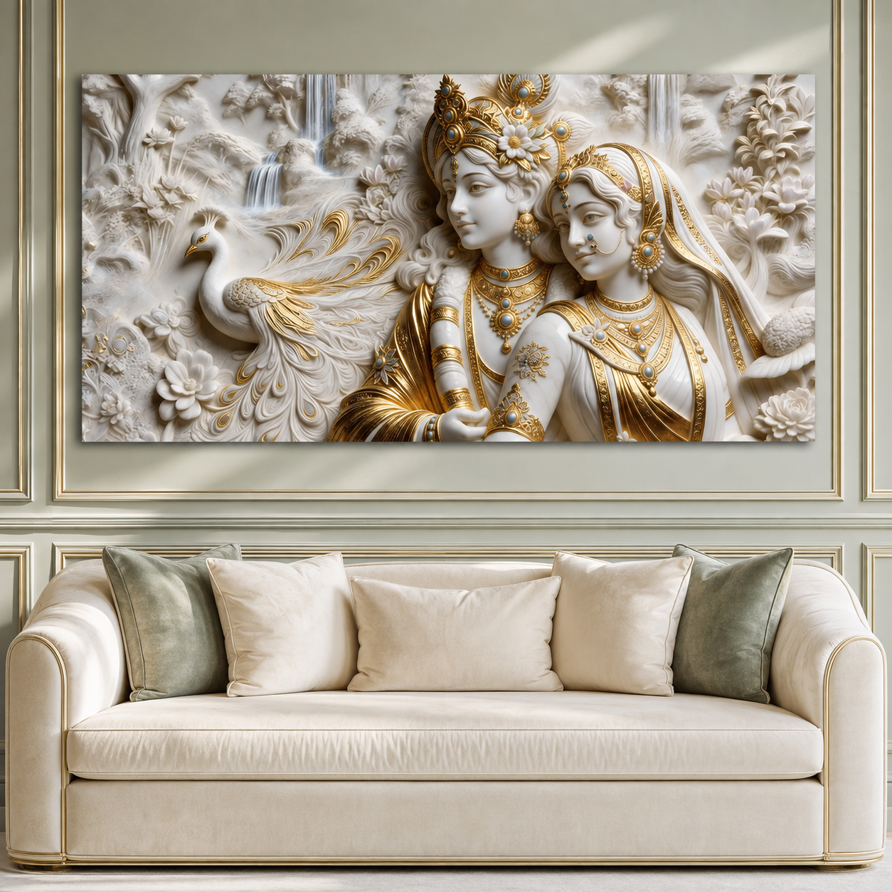 Radha Krishna 3D Wall Art Painting with Peacock and White Gold Finish for Living Room