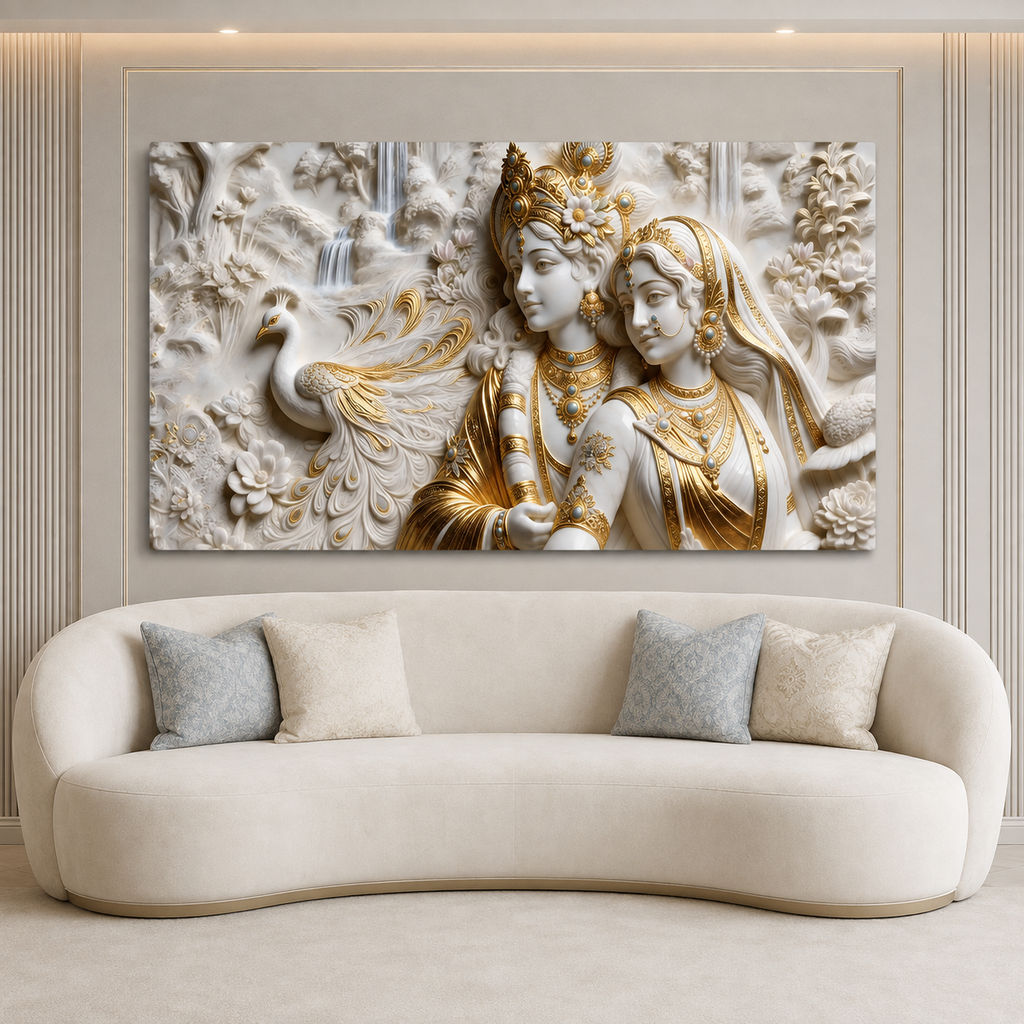 Radha Krishna 3D Wall Art Painting with Peacock and White Gold Finish for Living Room
