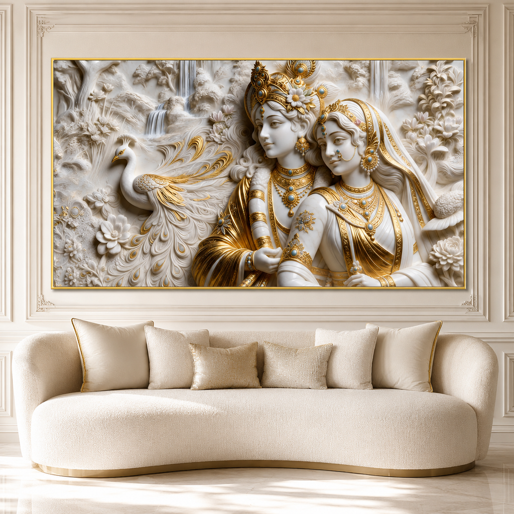 Radha Krishna 3D Wall Art Painting with Peacock and White Gold Finish for Living Room