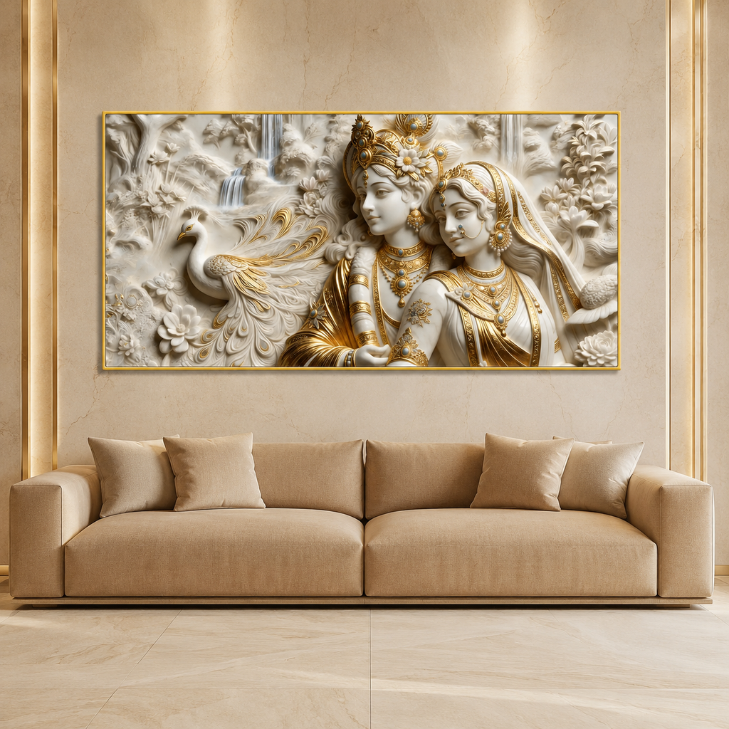 Radha Krishna 3D Wall Art Painting with Peacock and White Gold Finish for Living Room