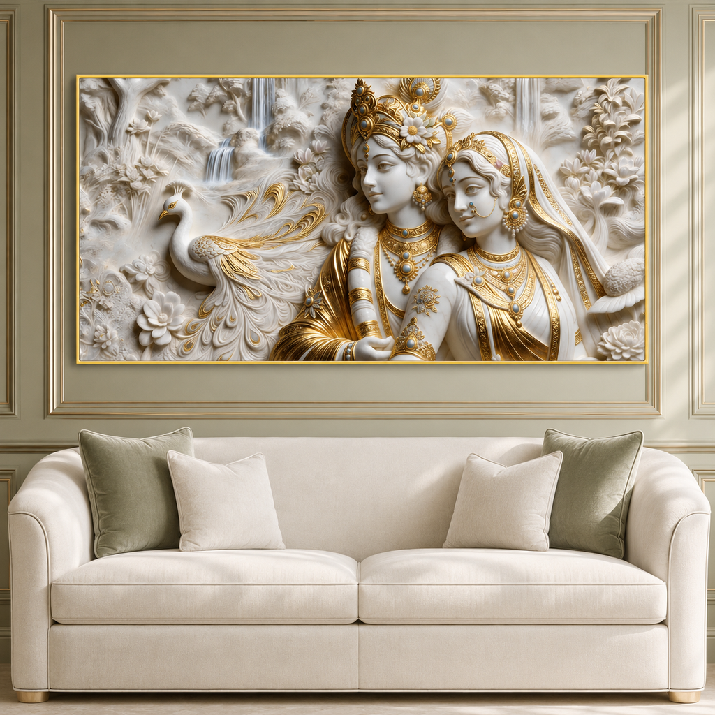 Radha Krishna 3D Wall Art Painting with Peacock and White Gold Finish for Living Room