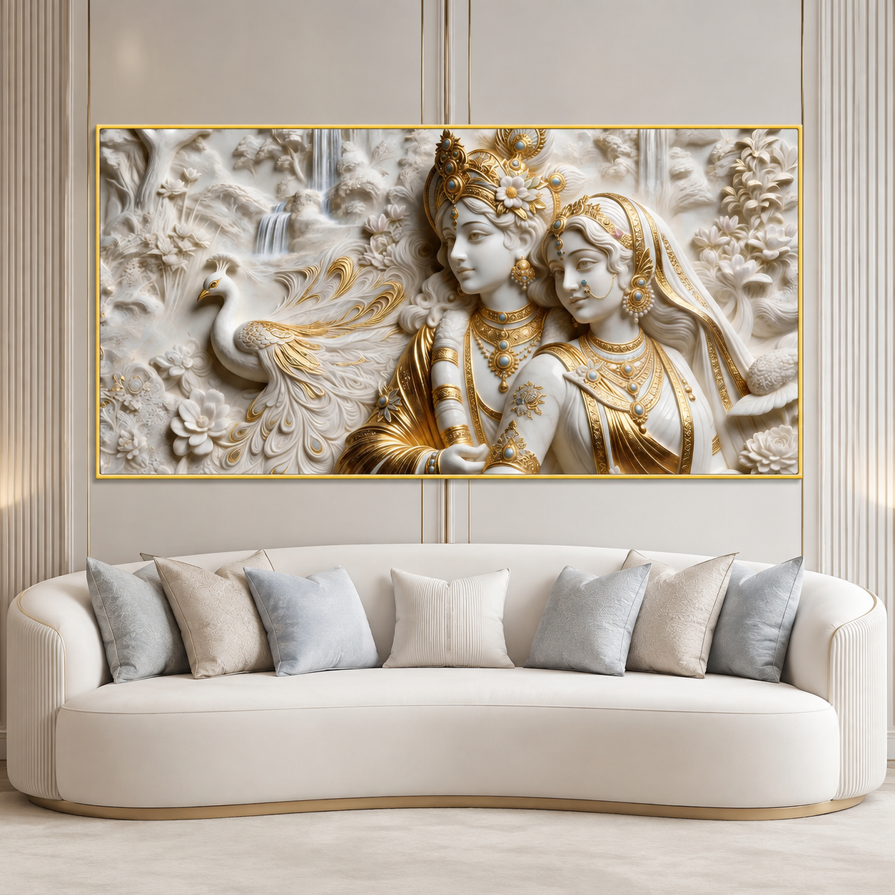 Radha Krishna 3D Wall Art Painting with Peacock and White Gold Finish for Living Room