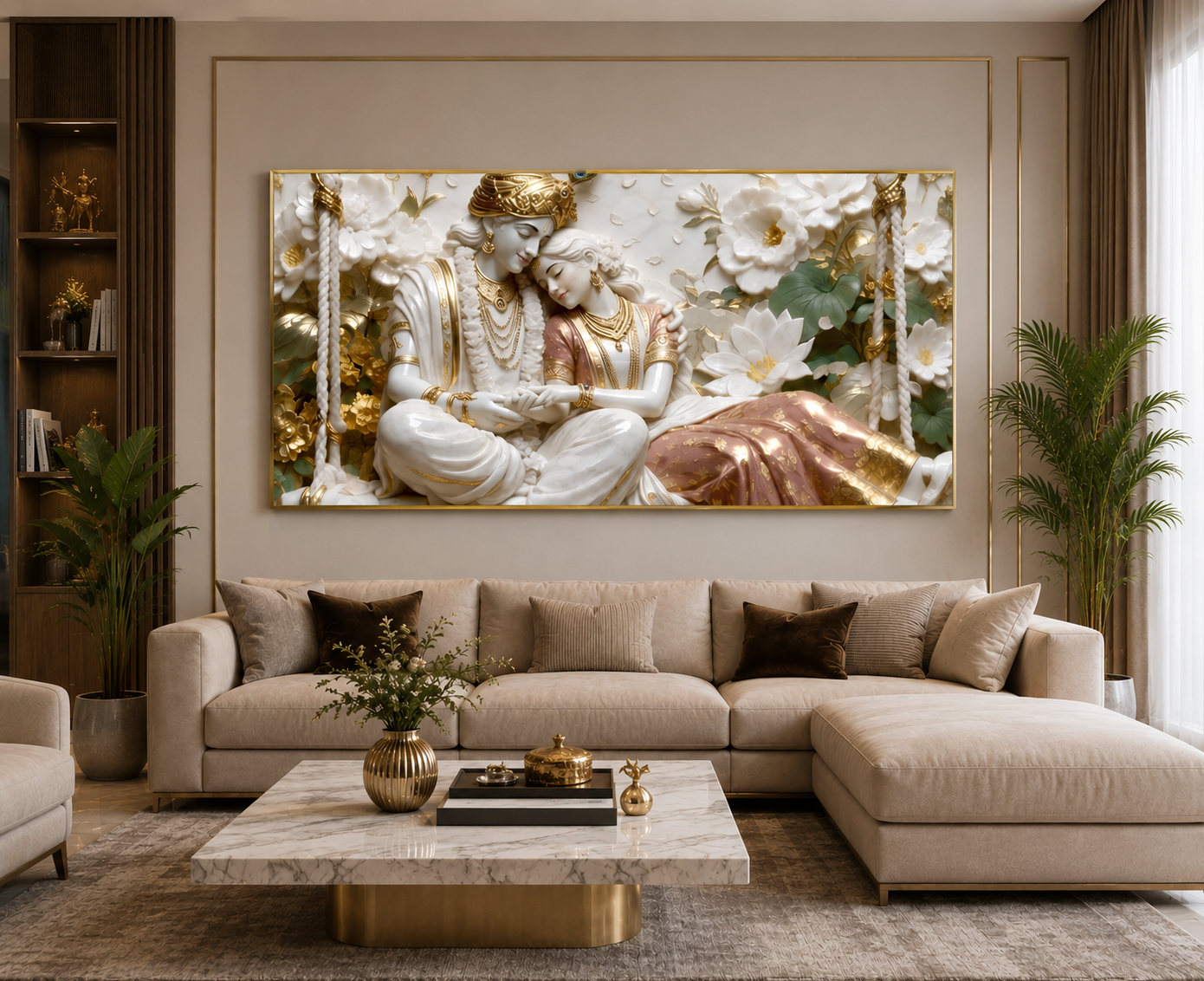 Minimalist Luxury 3D Marble Texture Wall Art Golden Radha Krishna Canvas Painting