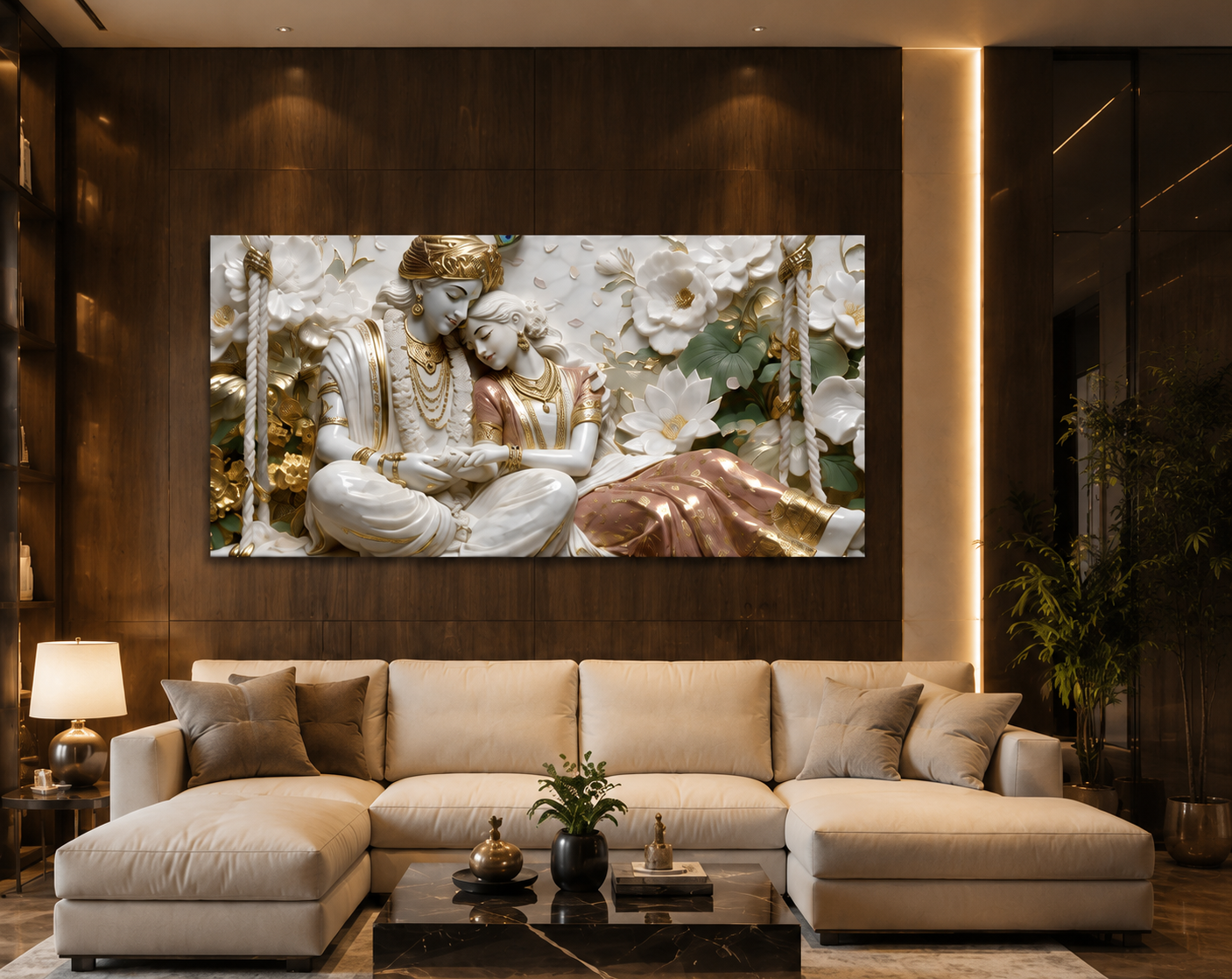 Minimalist Luxury 3D Marble Texture Wall Art Golden Radha Krishna Canvas Painting