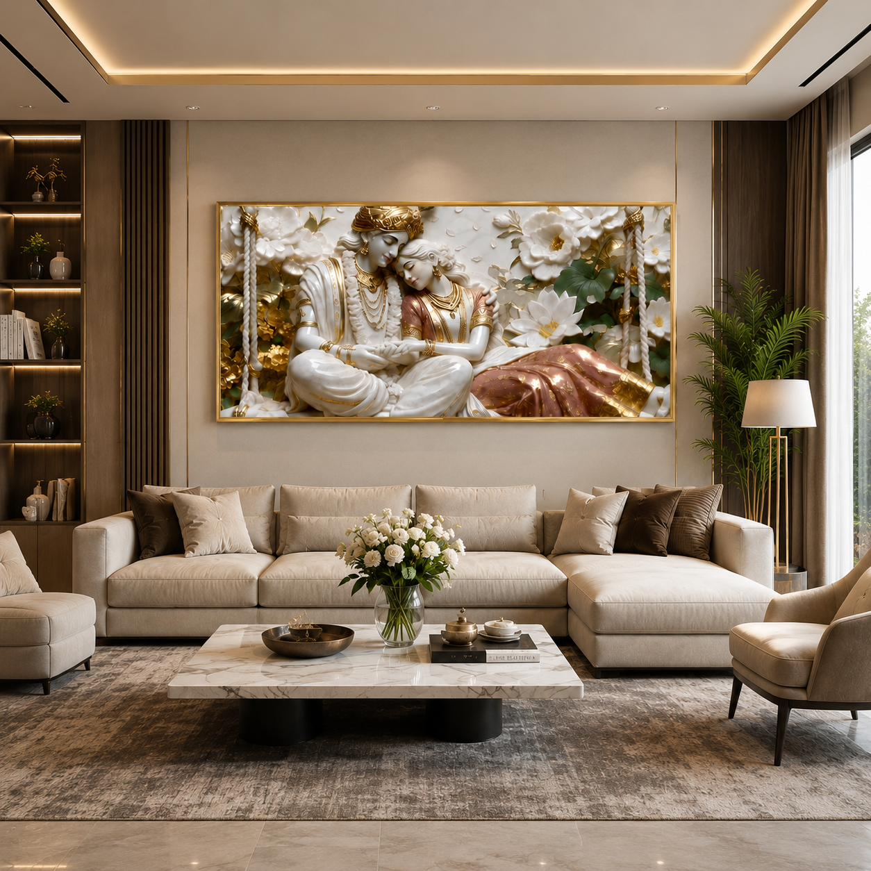 Minimalist Luxury 3D Marble Texture Wall Art Golden Radha Krishna Canvas Painting