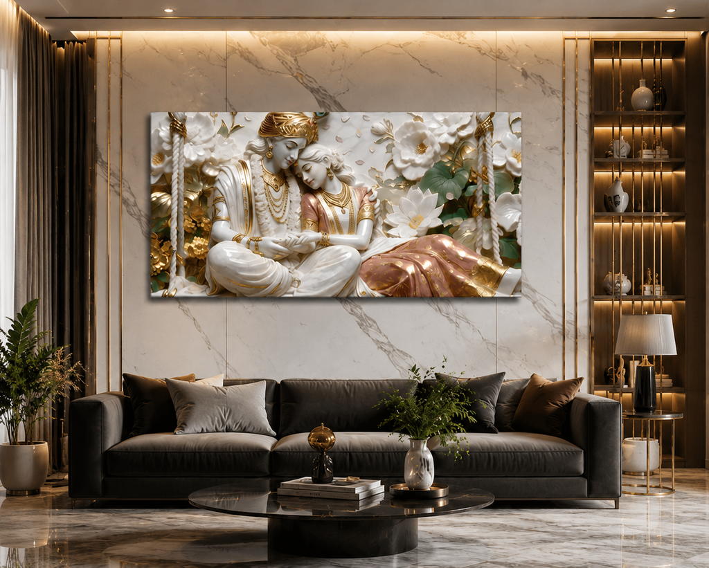 Minimalist Luxury 3D Marble Texture Wall Art Golden Radha Krishna Canvas Painting