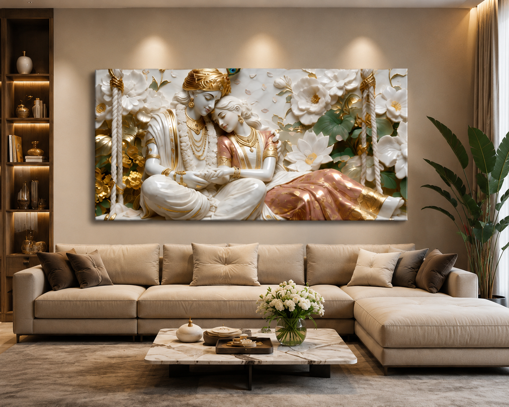 Minimalist Luxury 3D Marble Texture Wall Art Golden Radha Krishna Canvas Painting
