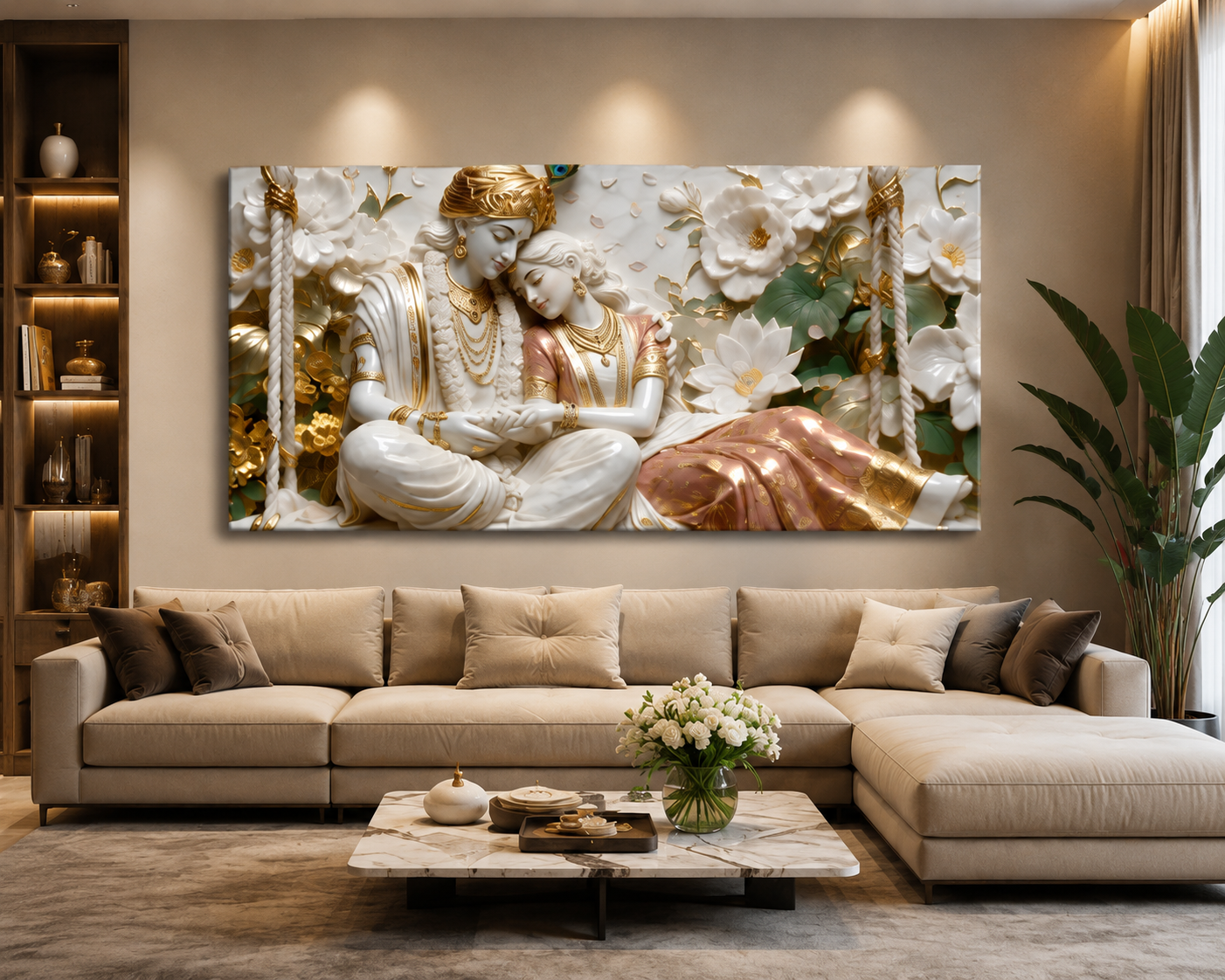 Minimalist Luxury 3D Marble Texture Wall Art Golden Radha Krishna Canvas Painting