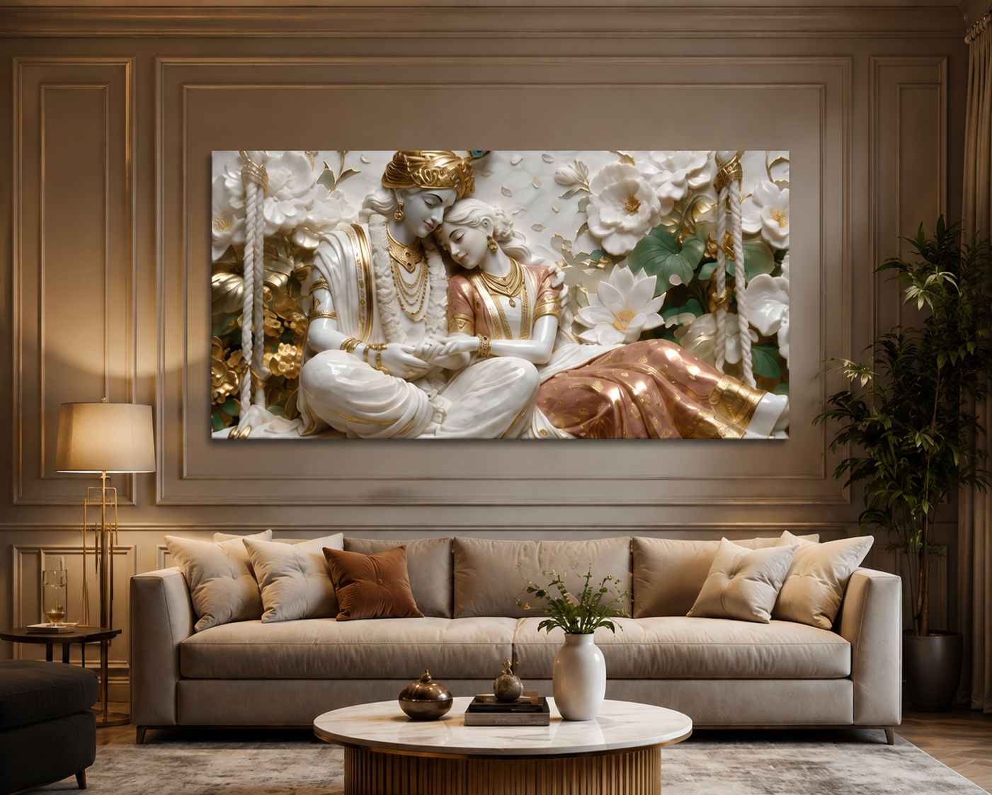 Minimalist Luxury 3D Marble Texture Wall Art Golden Radha Krishna Canvas Painting