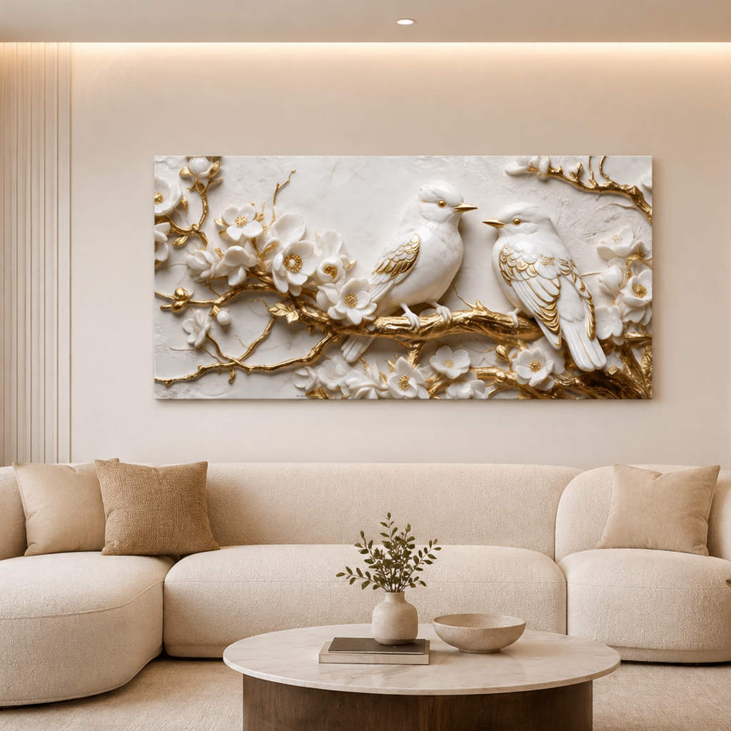 Premium Framed 3D Wall Art White Marble Texture Golden Accent Birds Artwork